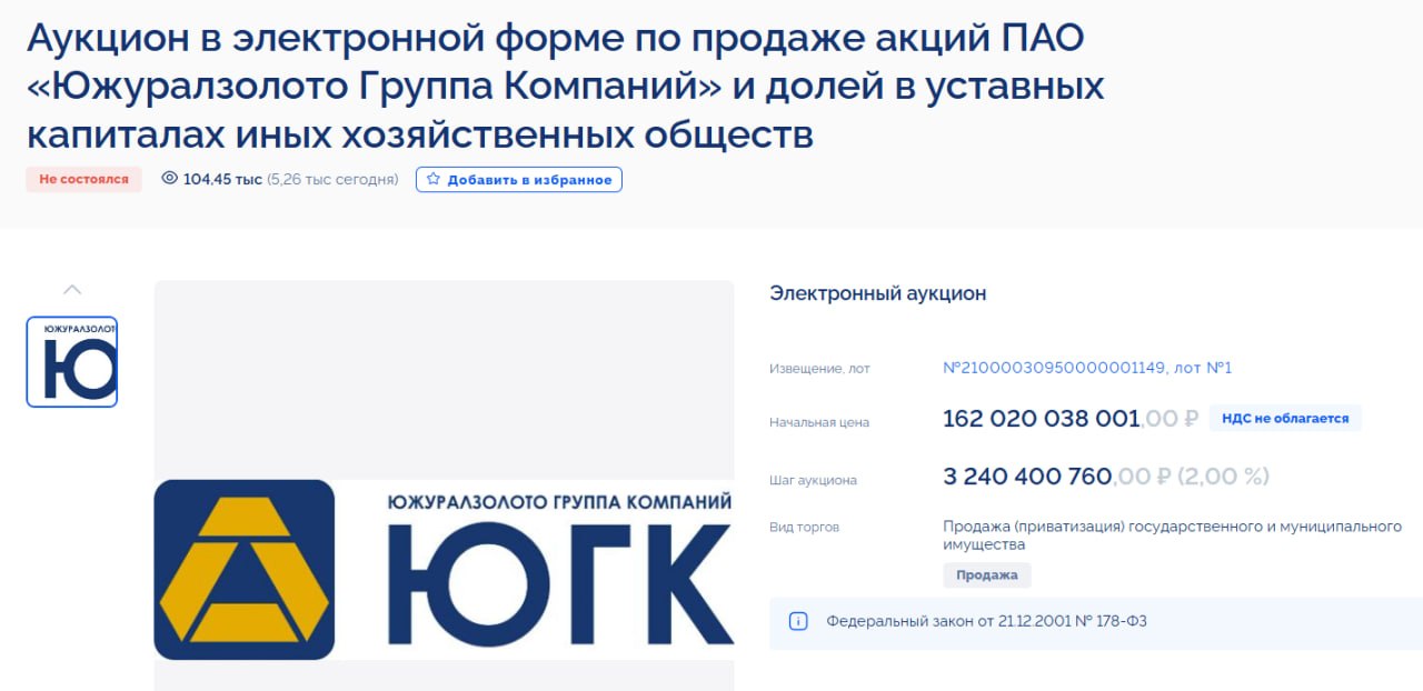 На торги по продаже «Южуралзолота» не поступило ни одной заявки